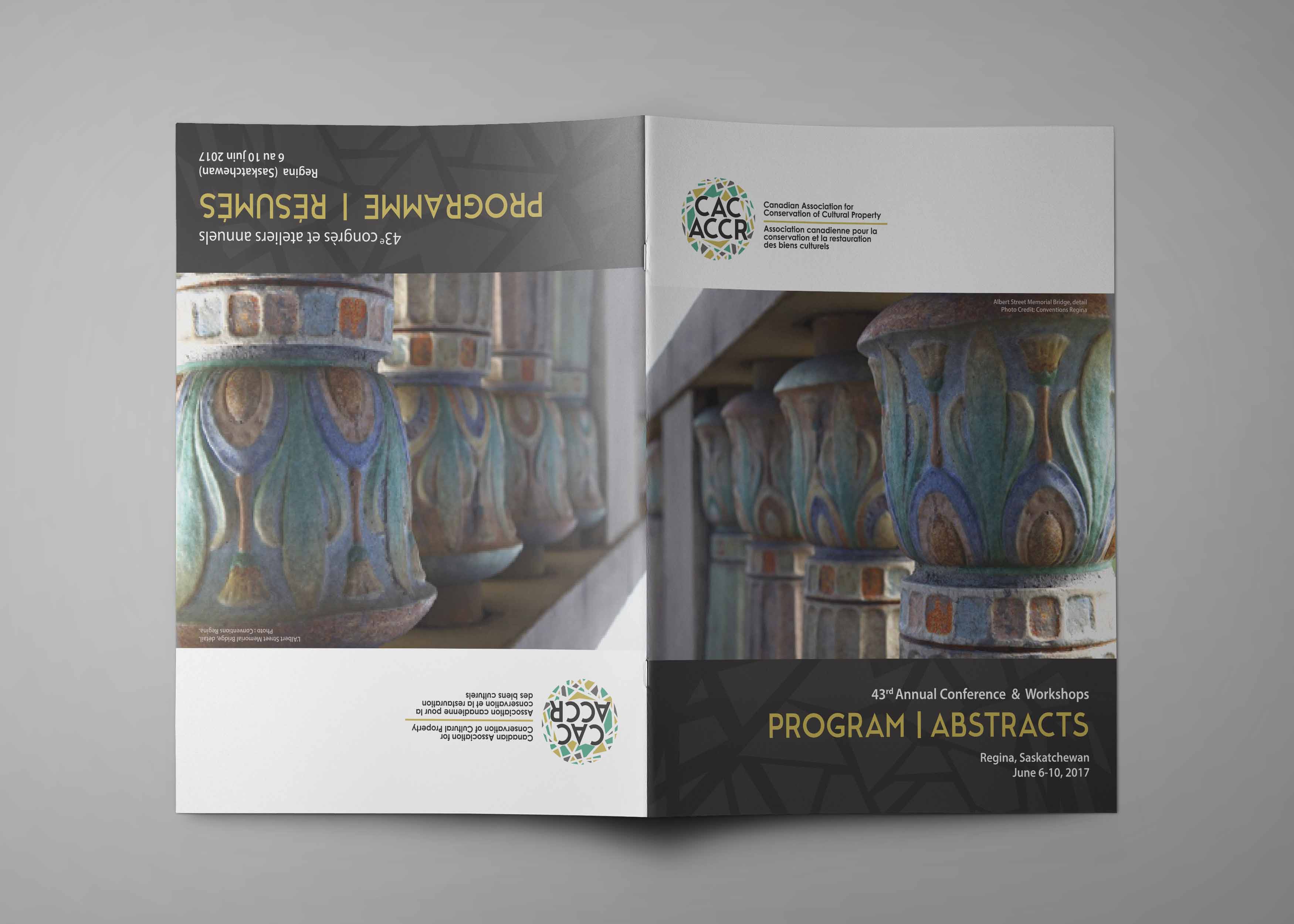 CAC07 Mock-up of a bilingual conference program cover with refreshed branding on a grey background. Left side is displayed upside down. Design has the logo top left on white, a large detailed photo below, and a block of sans serif text on black.