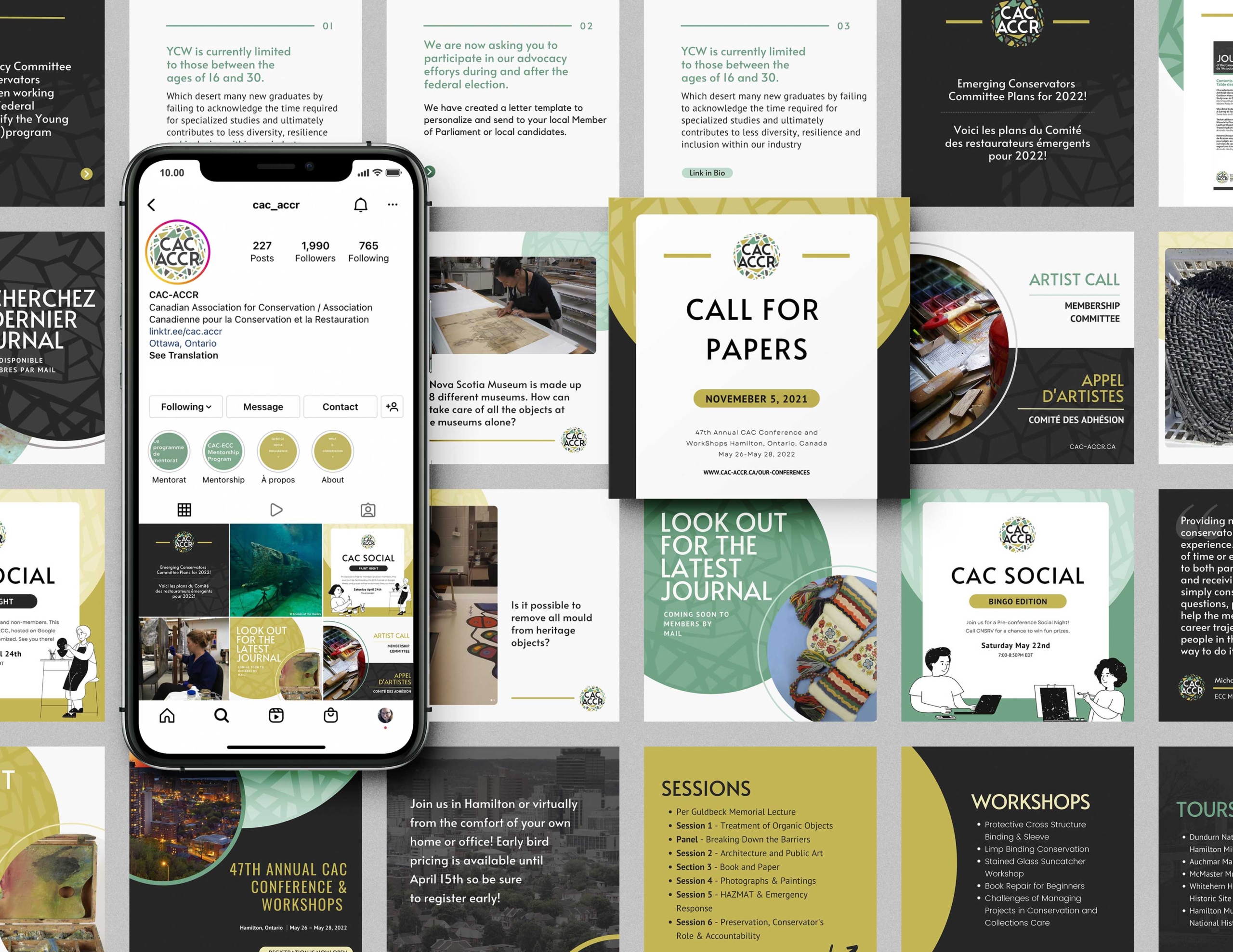 CAC-ACCR – Social Media Templates Mock-up of an iPhone with branded Instagram post tiles behind it in black, gold, and teal