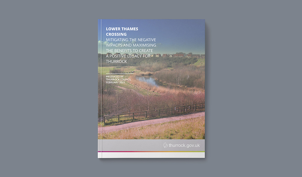 Mockup of report cover. Large landscape of country side with path in foreground with waterway leading to houses in the distance. Sans serif text in the top lefthand corner with "thurrock.gov.uk" logo on the bottom right.