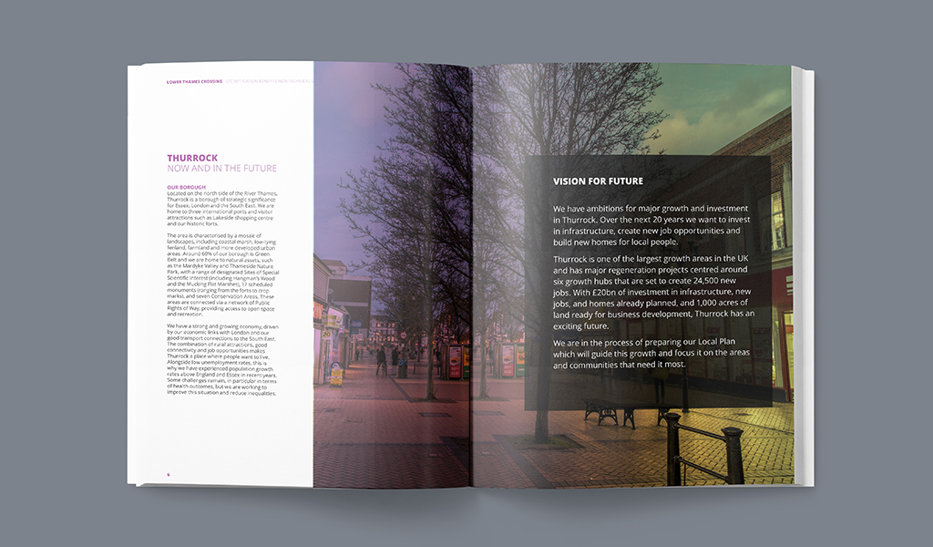 Mockup of a report layout. Left side: sans-serif text on a white background with a large image and colour gradient overlay spanning both sides. Right side: black callout box with white sans-serif text.