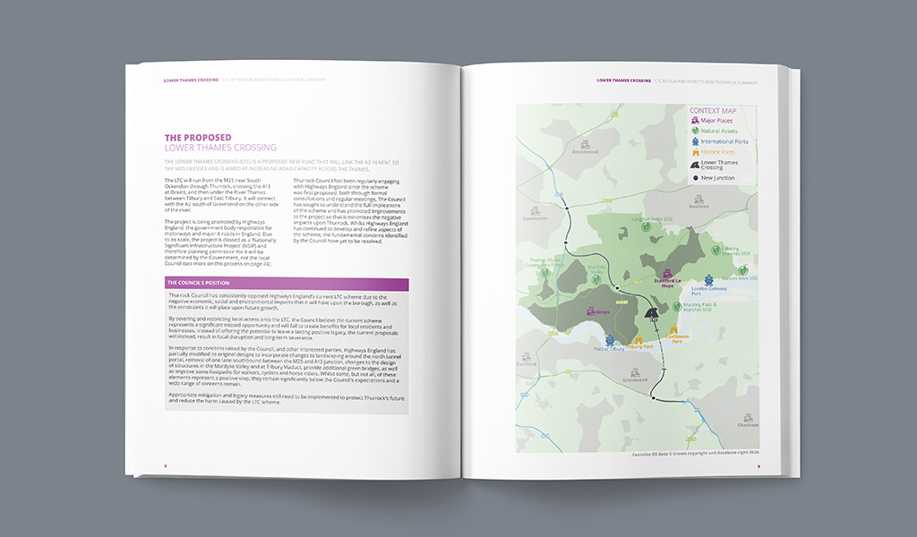 Mockup of report layout. Left side: 2 column sans serif text with purple callout box below. Right side: Illustrated map showing the area.