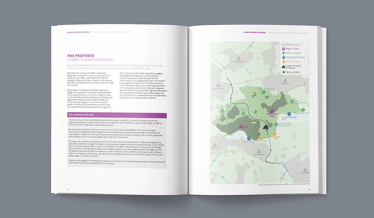 Mockup of report layout. Left side: 2 column sans serif text with purple callout box below. Right side: Illustrated map showing the area.